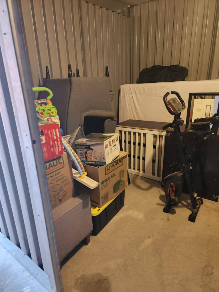 Clear images of a cluttered storage space with household items, furniture, and boxes, highlighting professional storage solutions by Baker Home Solutions.