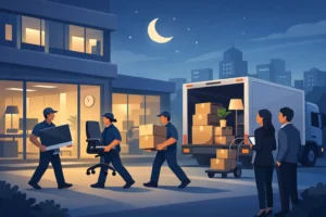 Moving team unloading office furniture at night for after-hours office relocation.