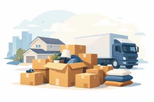 Moving boxes and truck for household relocation.