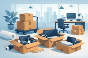 Electronics packing for office move with boxes, cables, and packing materials in a modern workspace.