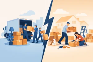 Professional movers unloading boxes versus DIY packing at home.