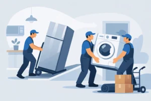 Professional movers handling large appliances with care and safety.
