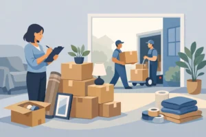 Moving day preparation with professional movers unloading boxes at a new home.
