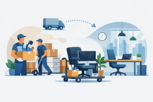 Office equipment being relocated with professional movers and packing supplies.