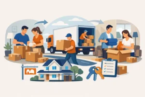Residential moving process with packing, loading, and transportation.