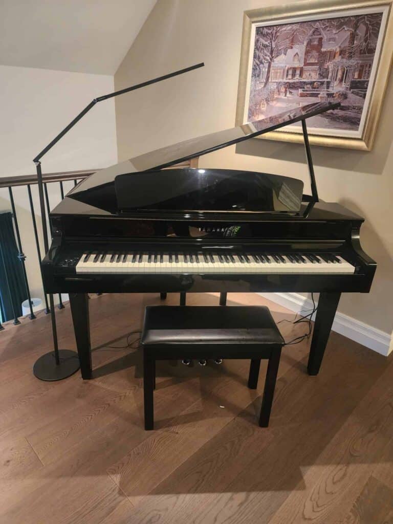 Elegant black grand piano with a music stand and bench in a cozy home setting, featuring a framed ar.