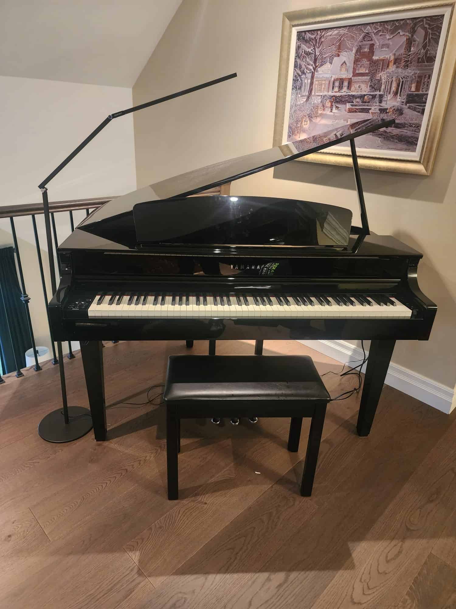 Elegant black grand piano with open lid, bench, and modern floor lamp in a cozy home setting.