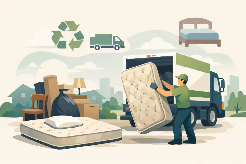 A reusable moving truck unloading furniture and mattresses outdoors.
