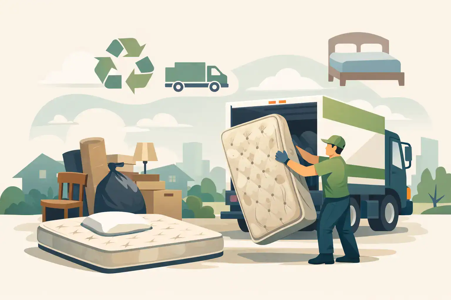 A reusable moving truck unloading furniture and mattresses outdoors.