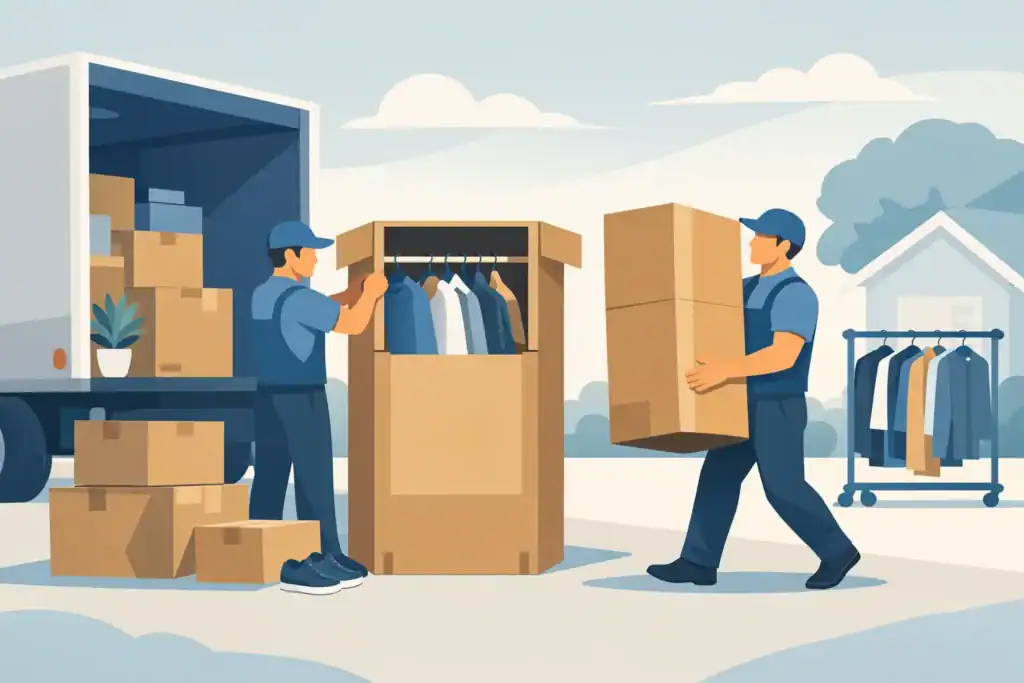 Delivery workers unloading clothing and boxes outside a home for storage or donation.