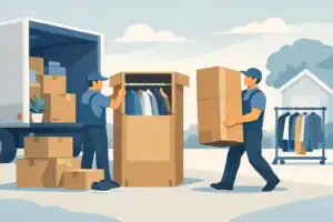Delivery workers unloading clothing and boxes outside a home for storage or donation.