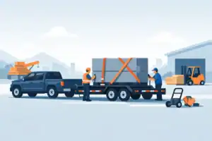 Moving and loading large boxes with a truck at a warehouse.