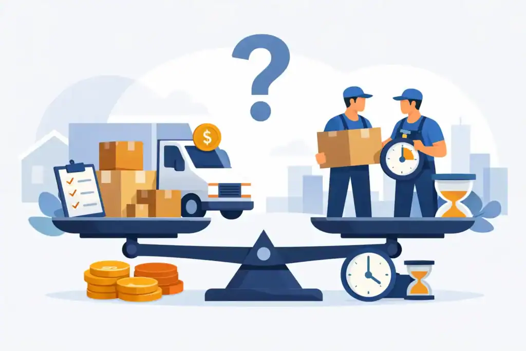A balanced scale with delivery truck and workers, symbolizing cost and time management in home renov.