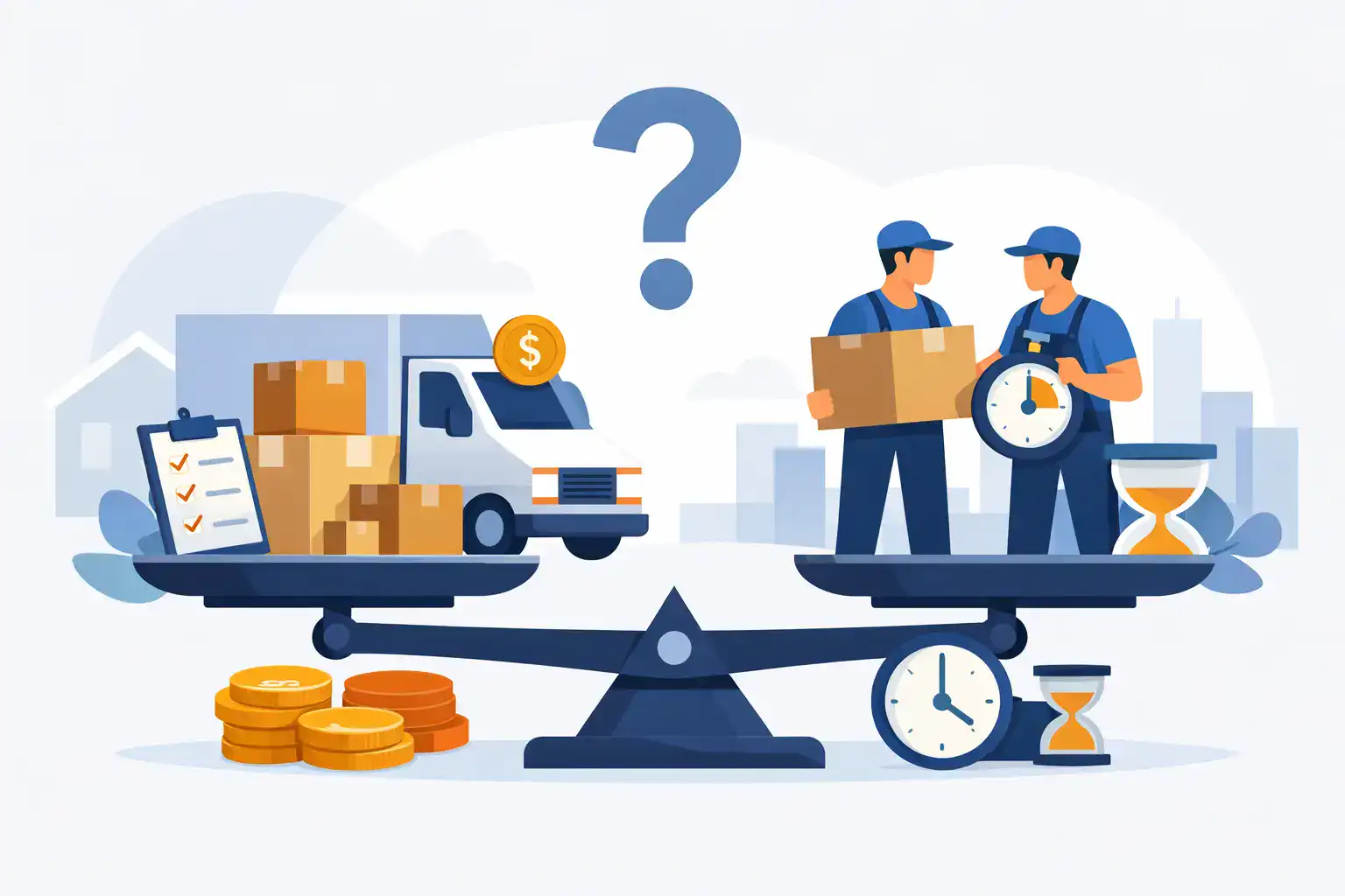 A balanced scale with delivery truck and workers, symbolizing cost and time management in home renov.