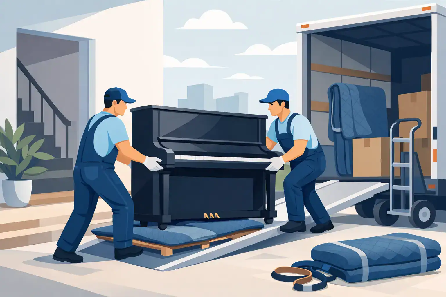 Professional movers loading a piano into a moving truck in a modern home setting.