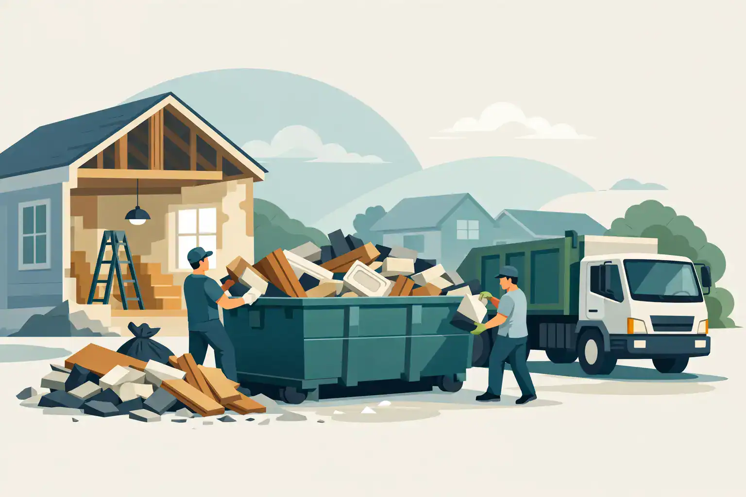 New home construction site with workers and debris, illustrating residential building projects.
