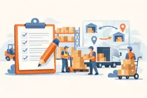 Warehouse inventory relocation process with workers and trucks.