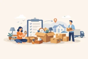 People packing boxes for downsizing before moving to a new home.