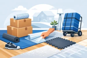 Moving home with floor protection and packing supplies ready for transport.