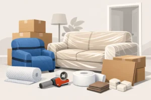 Furniture protection supplies including moving blankets and packing tape.