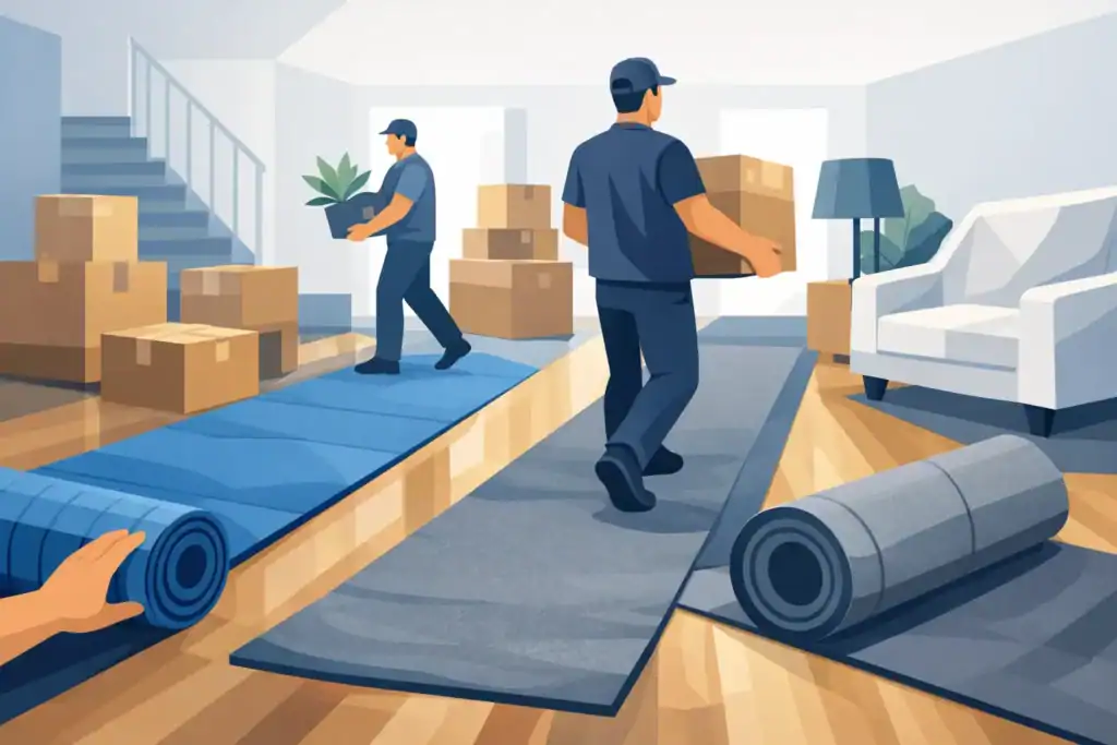 Movers laying protective floor runners during a home move.