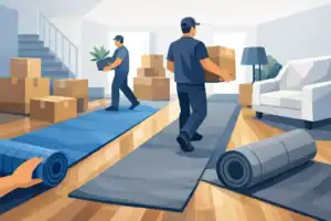 Movers laying protective floor runners during a home move.