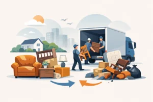 Furniture disposal and moving process with a moving truck and furniture items.