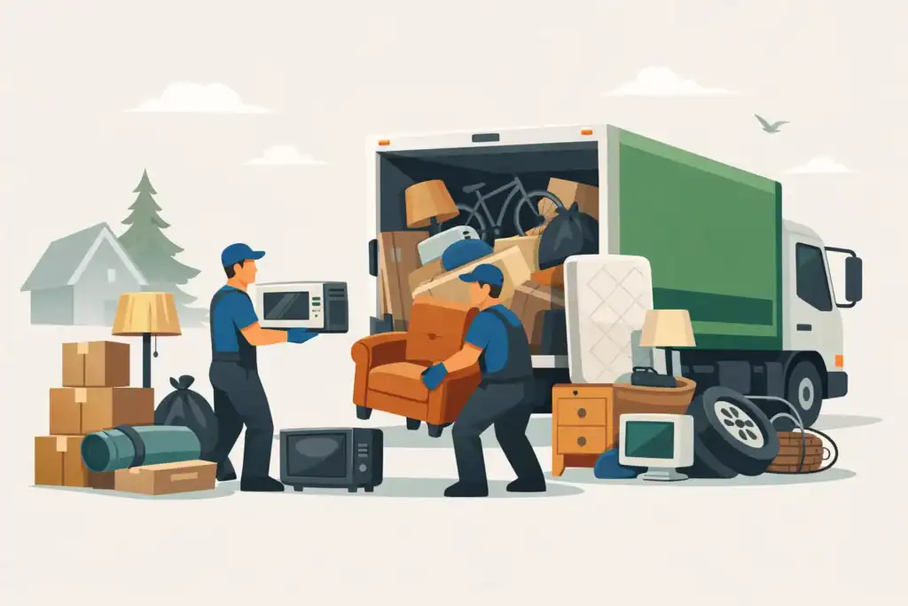 Junk removal service with movers loading furniture into a truck.