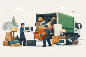 Junk removal service with movers loading furniture into a truck.